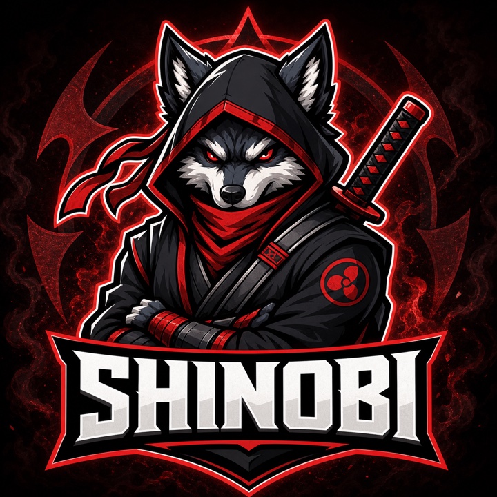 Finished red ninja wolf mascot avatar labeled SHINOBI.